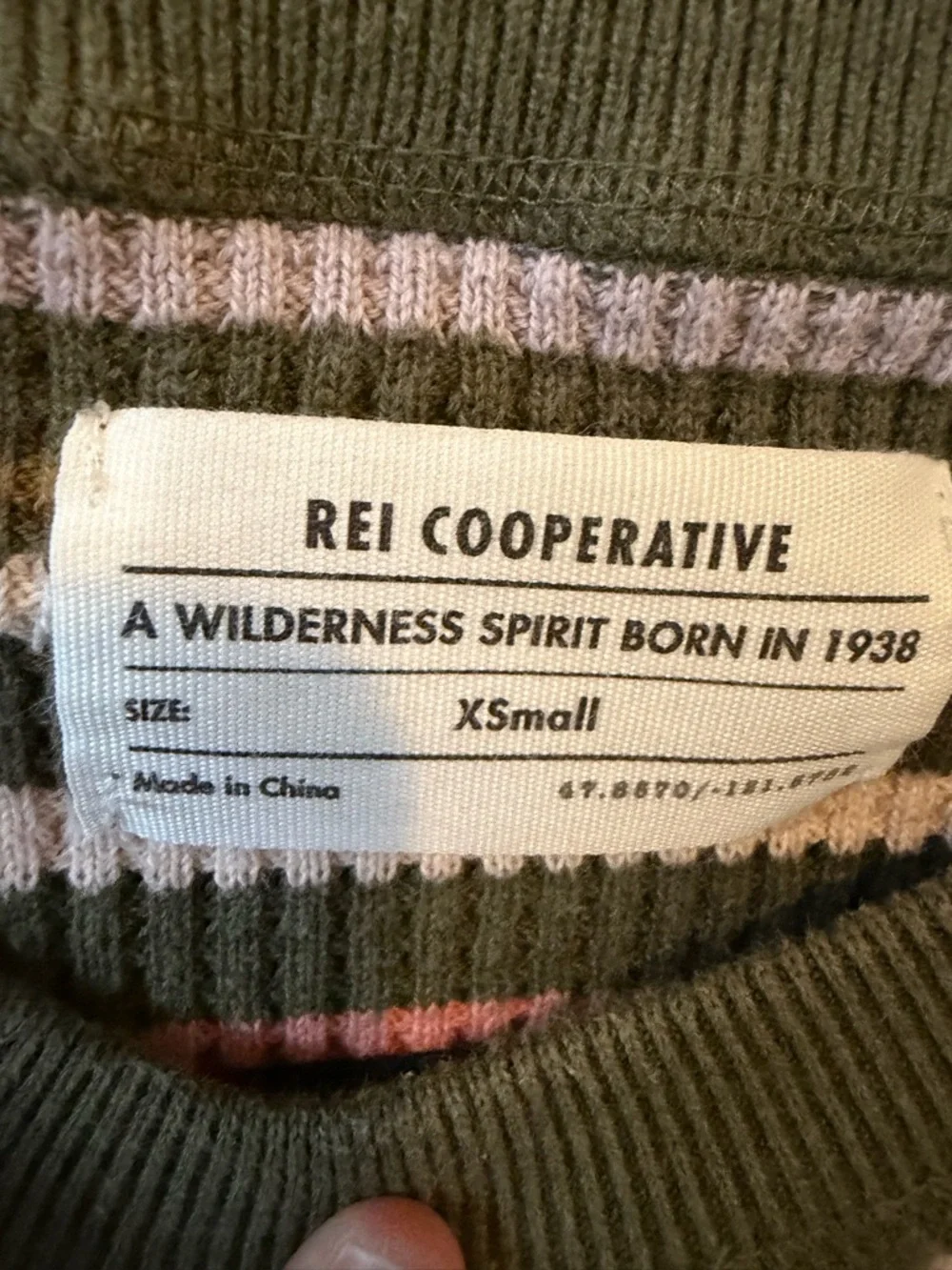 REI Co-op Striped Waffle Knit Sweater Women's XS 100% Cotton Olive Green Pink - Picture 2 of 7